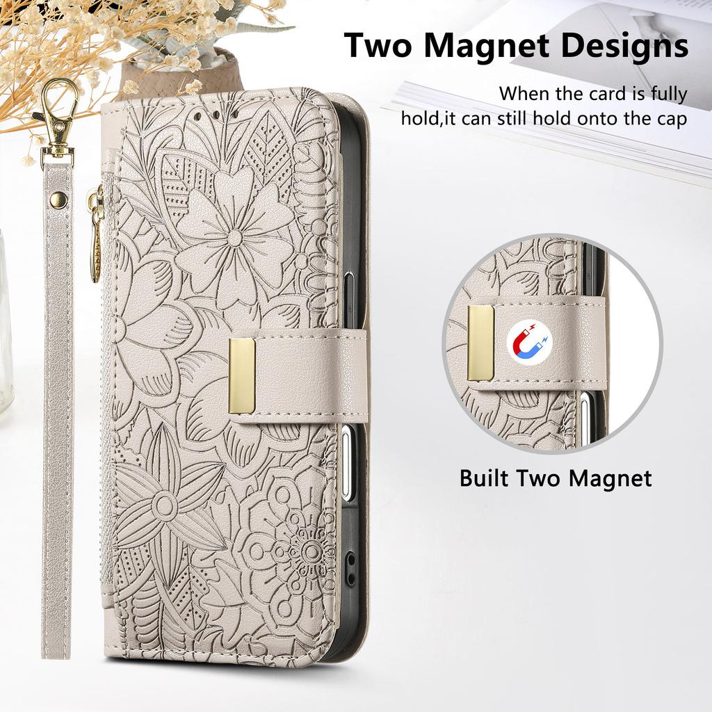 Floral Leather Wallet Case for Oppo A3 Pro/A5 Pro/Realme C63/C75/Reno12 F...Vintage All-in-One Card Holder w/Stand, Magnetic Closure & Wrist Strap