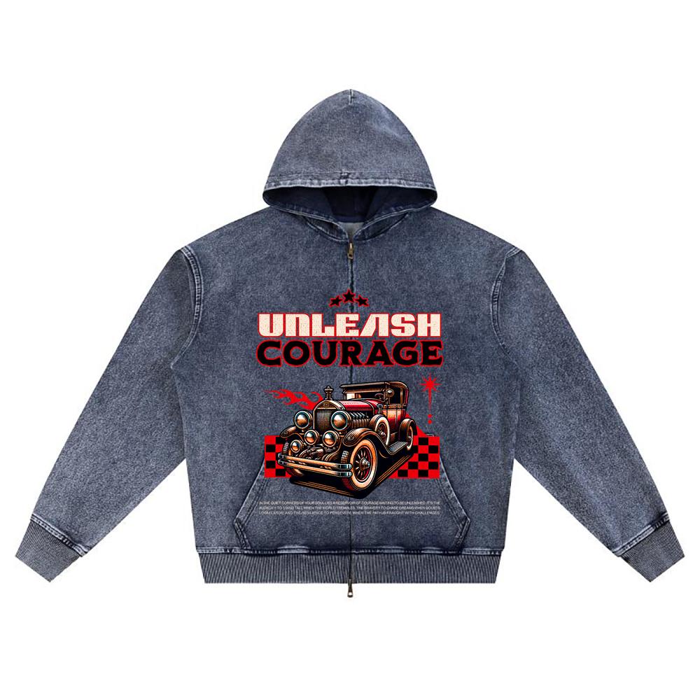 

Худи на молнии из вязаного денима с DTG-принтом Unleash Courage Ретро-автомобиль Брат Принт Толстовки на молнии XL темно-синий