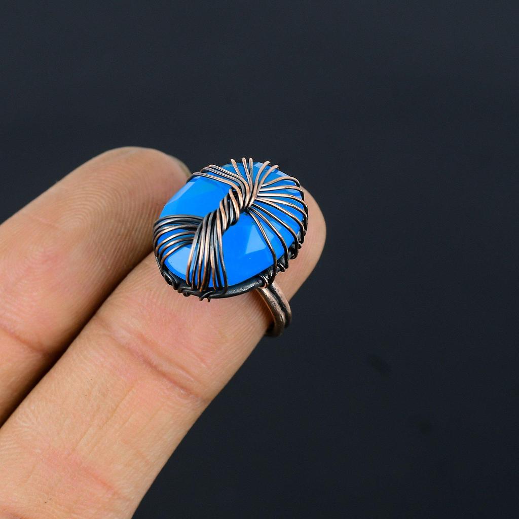 Tree Of Life Aqua Chalcedony Gemstone Copper Wire Wrapped Handmade Jewelry Ring For Mother