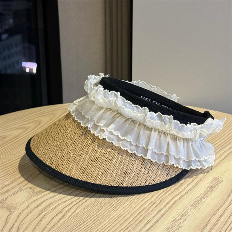 Lace Bow Straw Empty Top Sunscreen Hat Women's Summer Big Brim Sunshade UV Protection Sun Hat