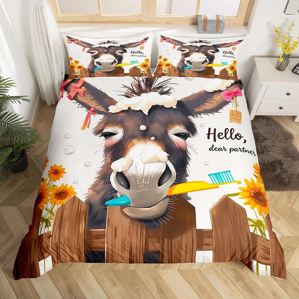 Cute Donkey Duvet Cover Rustic Barn Door Full Bedding Set Farmhouse Decor Farm Animals Comforter Cover Sunflower Flower Bed Set