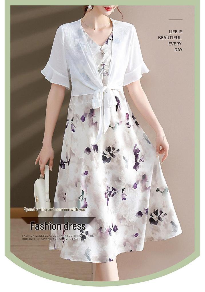 2026 Summer Fashion Chiffon Two-Piece Skirt Set for Middle-Aged & Elderly Women - Short Sleeve Dress