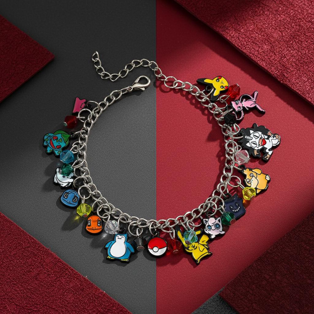 Kawaii Charm Bracelet for Women, Cute Pikachu Squirtle Mew Meowth Cartoon Character Jewelry, Trendy Gift for Girls