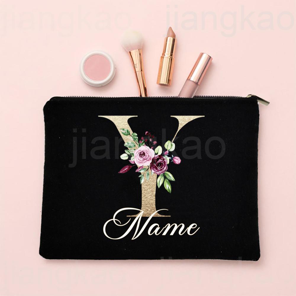 Personalised Letter with Name Makeup Bag Bridal Cosmetic Case Canvas Monogram Toiletry Bags Birthday Wedding Bridesmaid Gifts