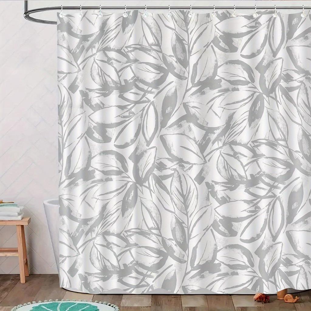 1Pc Light Gray Leaf Pattern Shower Curtain, Polyester Fabric, Machine Washable, With Hooks, Suitable For Bathroom Dcor.