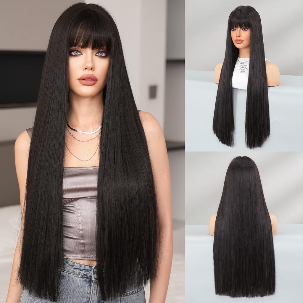 Multi Colored Optional Long Straight Hair With Bangs Wig Women's Full Head Set Natural Synthetic Matte High-temperature Silk