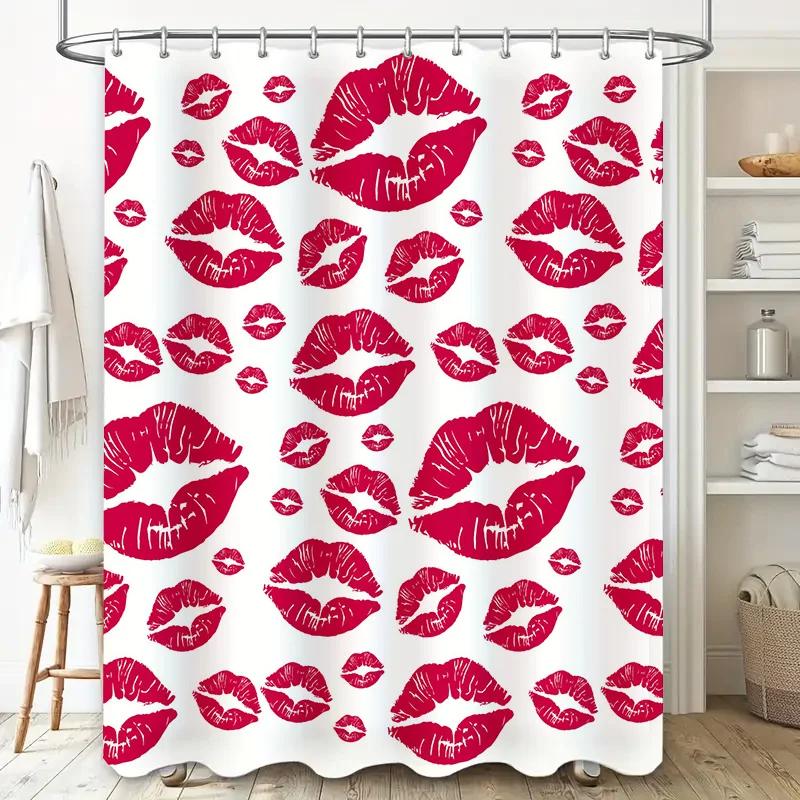 Stylish Red Lips Pattern Shower Curtain for Bathroom Decor Waterproof Fabric Hooks Included
