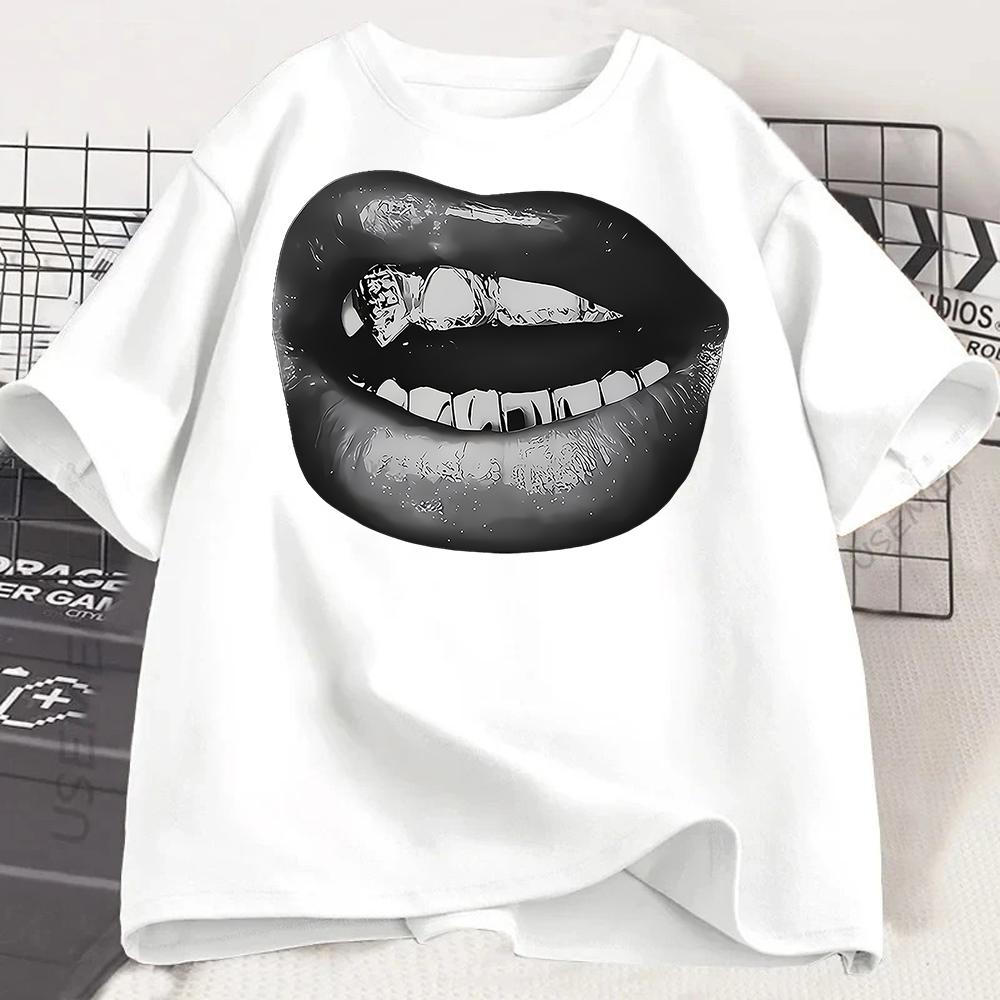 Rosa Glitzer Lippen Grafikdruck T-Shirt Unisex S Kleidung Luxuriöses Make-up T-Shirt Haut Frau Ästhetische Kleidung T-Shirt Großhandel