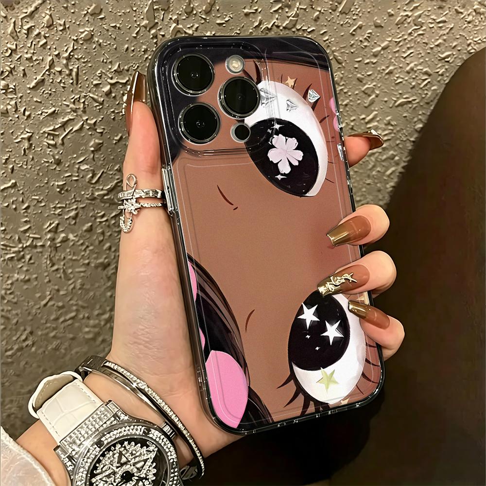 Fashion Stripe Anime Big-Eyed Girl Silicone Case For Iphone 13 16 Plus 12 15 11 17 14 Pro Max Trendy Striped Cover