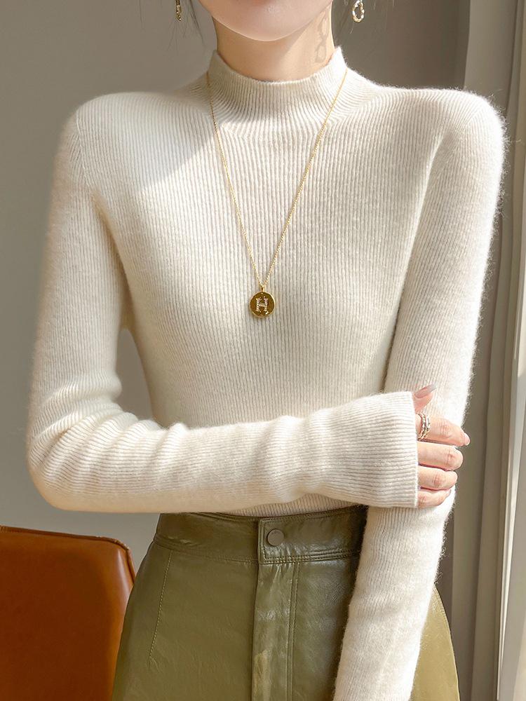 Women's Slim Fit Wool Sweater - Half-High Neck, Long Sleeve, Warm Autumn Winter Knit Base Layer