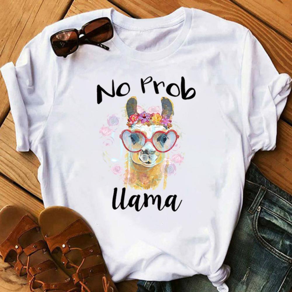 Lustiger Alpaka Schriftzug Kunst Damen Weiß Lässig Locker Oversized Hemd Streetwear Täglich Sommer Oberteile Rundhals Langlebig Übergröße