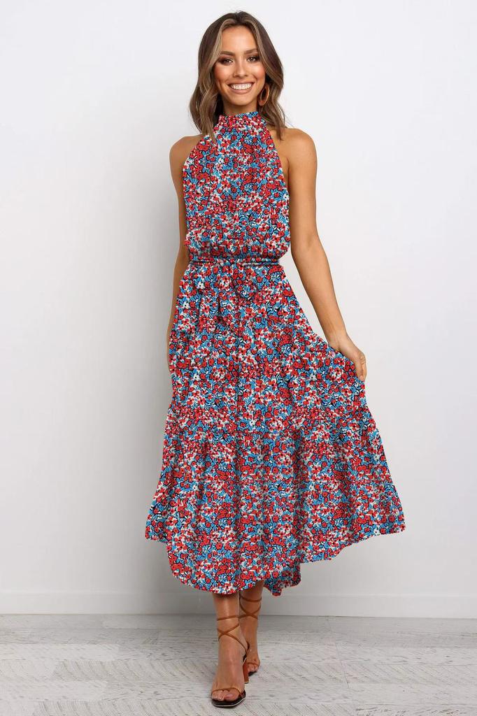 Women's long dress popular new neck polka dot printing lace-up dress