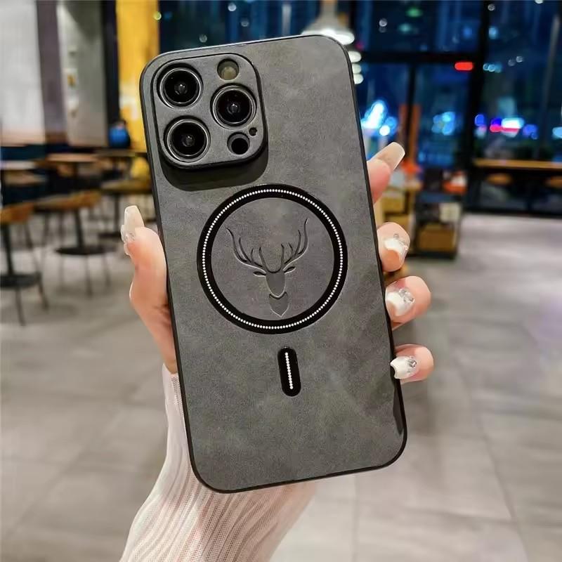 Magnetic For Wireless Charge Phone Case For iPhone 16 15 14 13 12 11 Pro Max Deer Head Leather Magnetic Soft Shockproof Cover