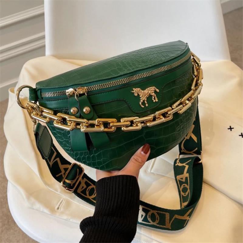Trendy PU Chest Bag Stylish Single Shoulder Saddle Bag with Crocodile Pattern Chain Wide Belt Crossbody Bags for Women Daily Use