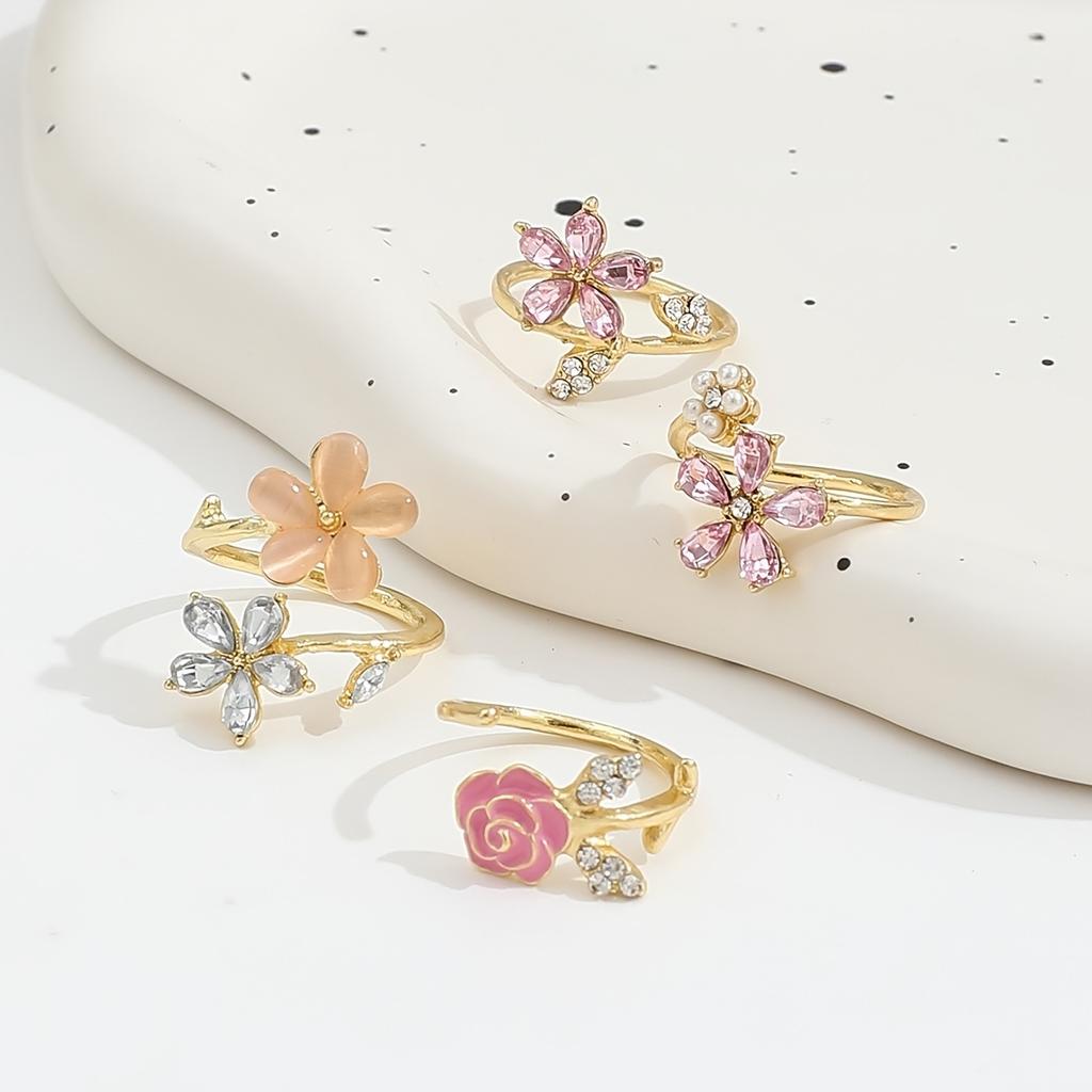 4pcs Pink Rhinestone & Cat-Eye Stone European Ring - Elegant Sparkling Women's 4-Ring Set Suitable for Parties, Vacations, Year-Round Wear