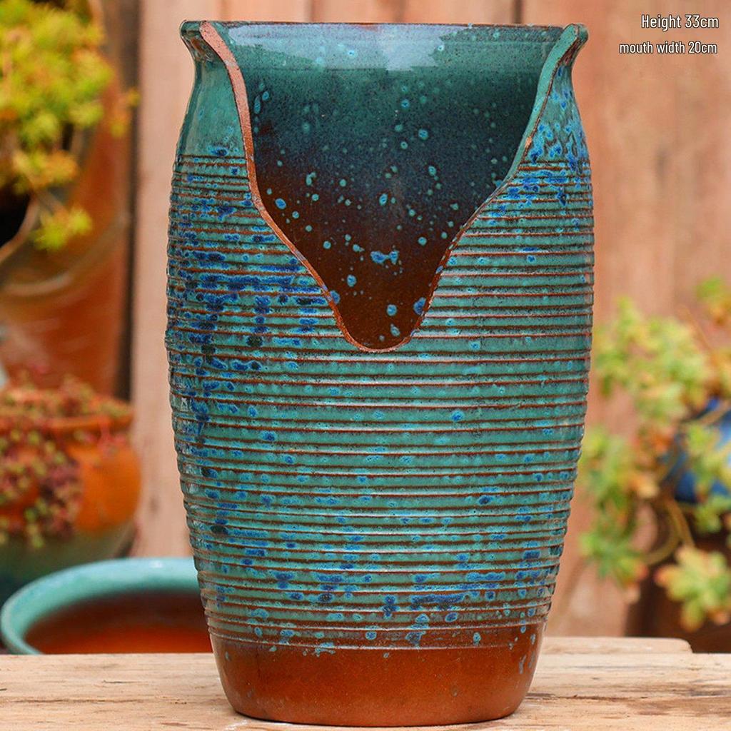 Handmade Coarse Pottery Wide-Mouth Flower Pot - Ceramic Zisha Succulent Planter with Rustic Cut-Edge Design for Chlorophytum