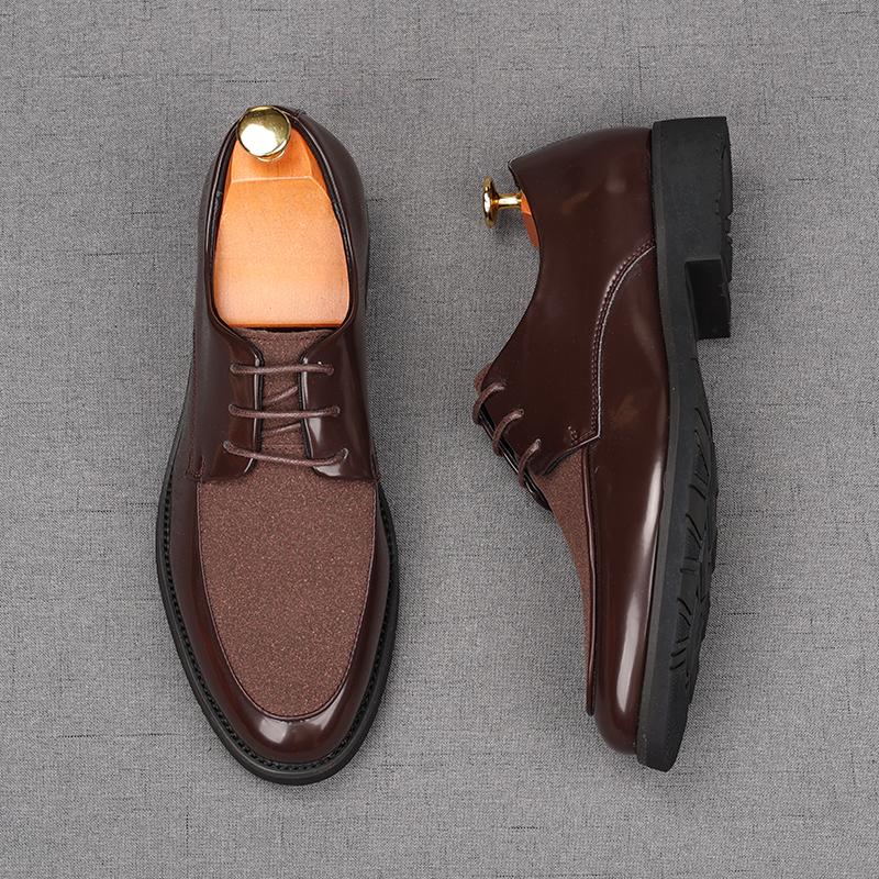 Fashion Luxury Men's Lace Up Suede Patent Leather Mixed Business Flats Shoes Male Designer Homecoming Wedding Dress Footwear