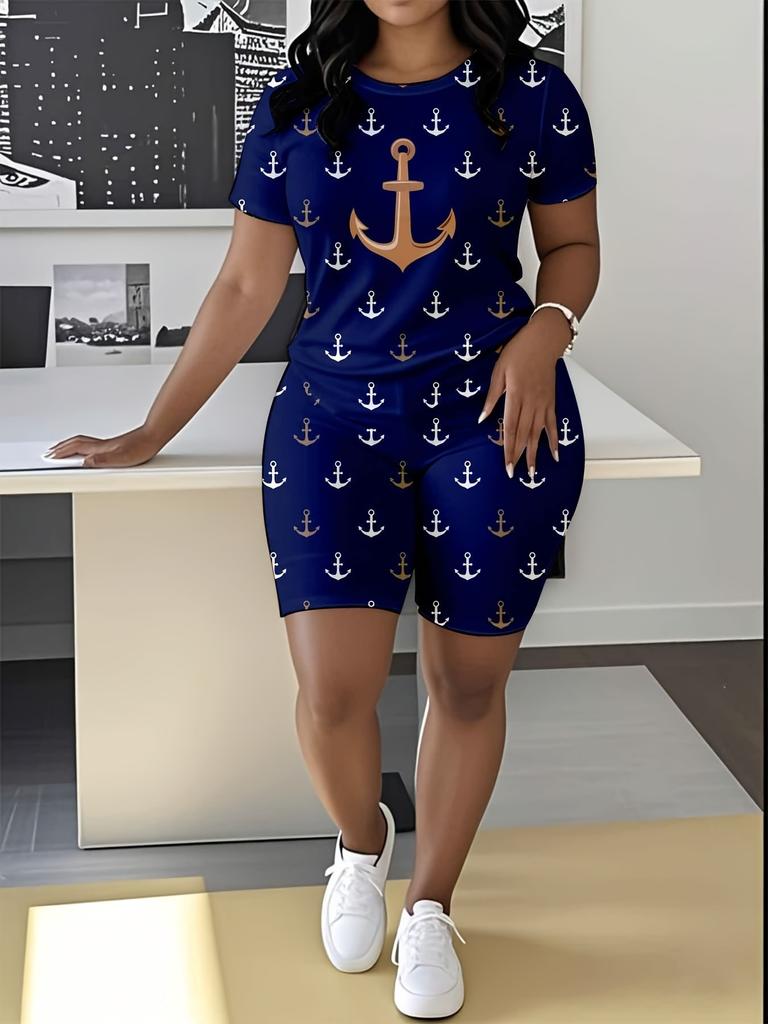 Striped code European and American women's clothing checkered printing T-shirt shorts set sports suit