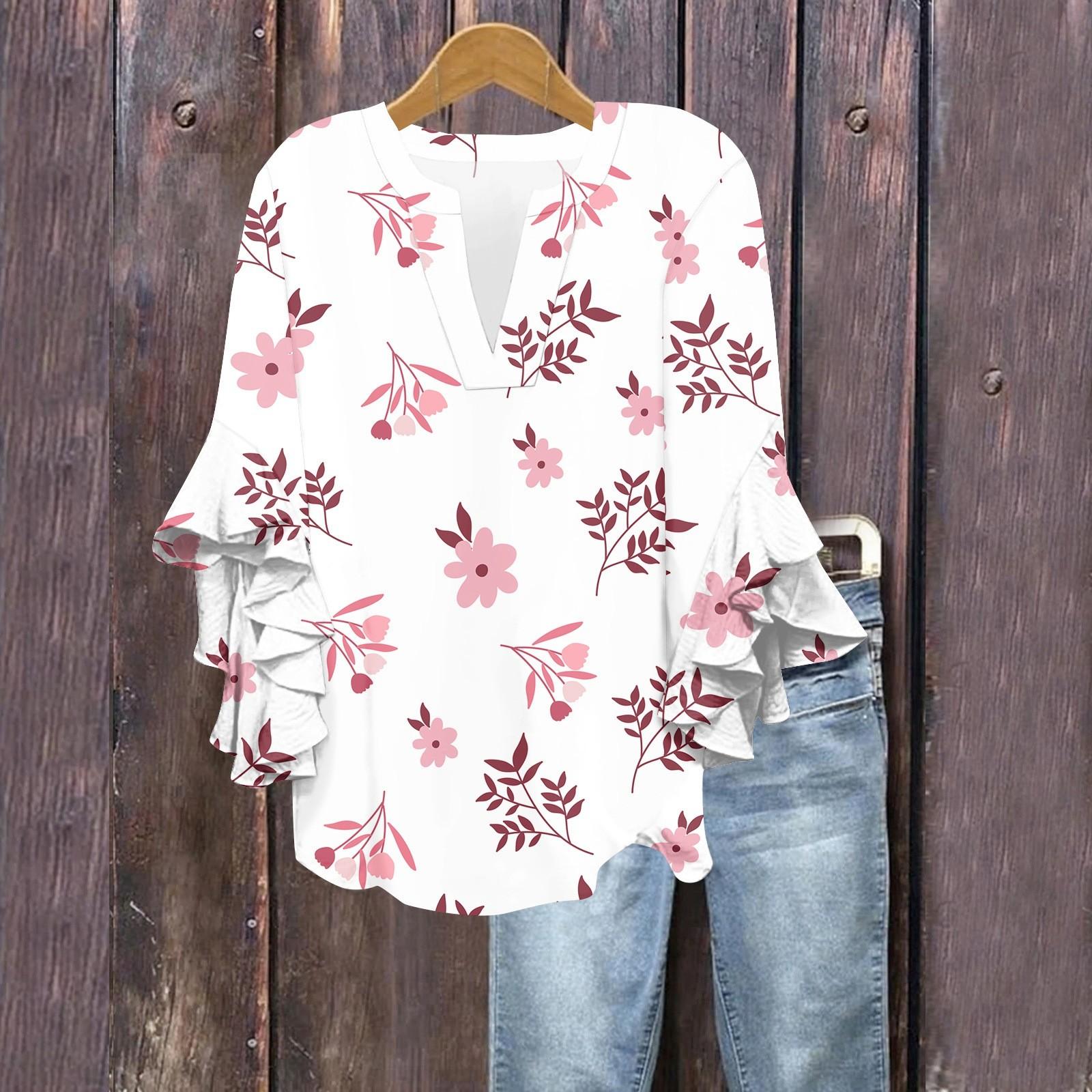 

Летние топы для женщин, симпатичные блузки с V-образным вырезом и рукавом 3/4, повседневные рубашки с цветочным принтом M бежевый