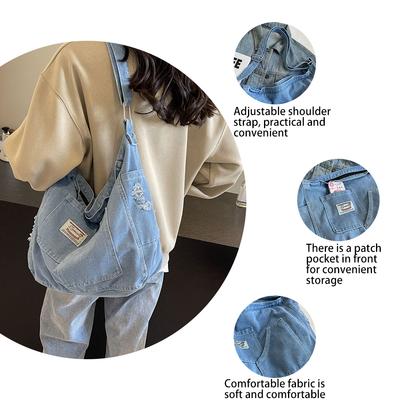 Hong Kong Style Denim Messenger Crossbody Bag, Casual Single Shoulder Bag for Women, Fashionable Design Commuting Bag.zwq