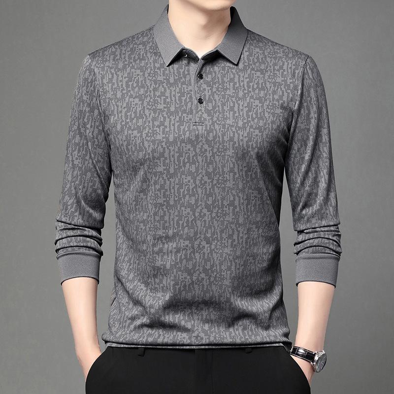 Mens Long Sleeve Jacquard Polo Shirt Business Casual Spring Autumn Top