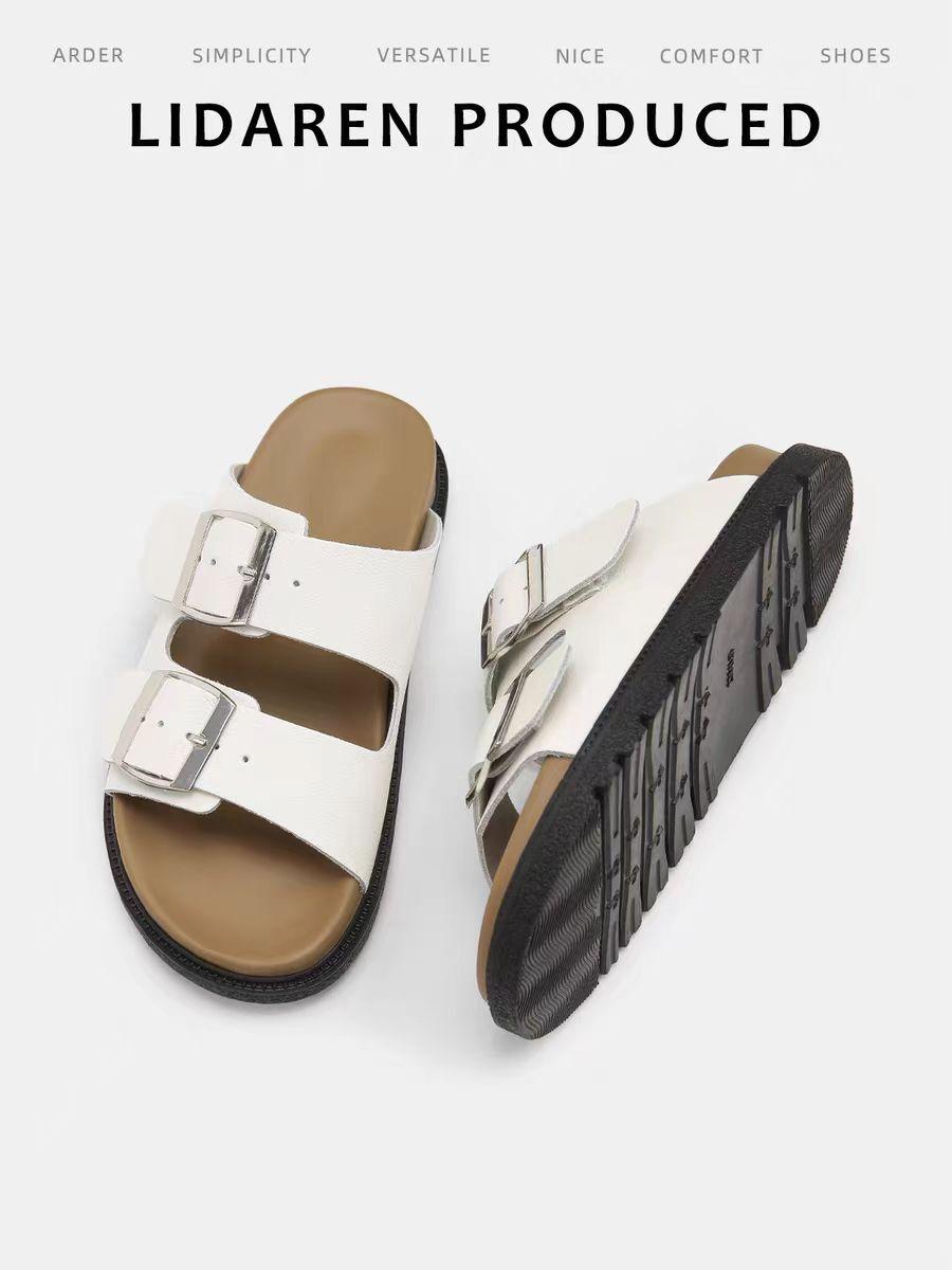 

Burst Silver Upgraded BK Shoes Leather Boken Shoes Men and Women Flat Couples Cork Cool Slippers Womens Summer Outside 40