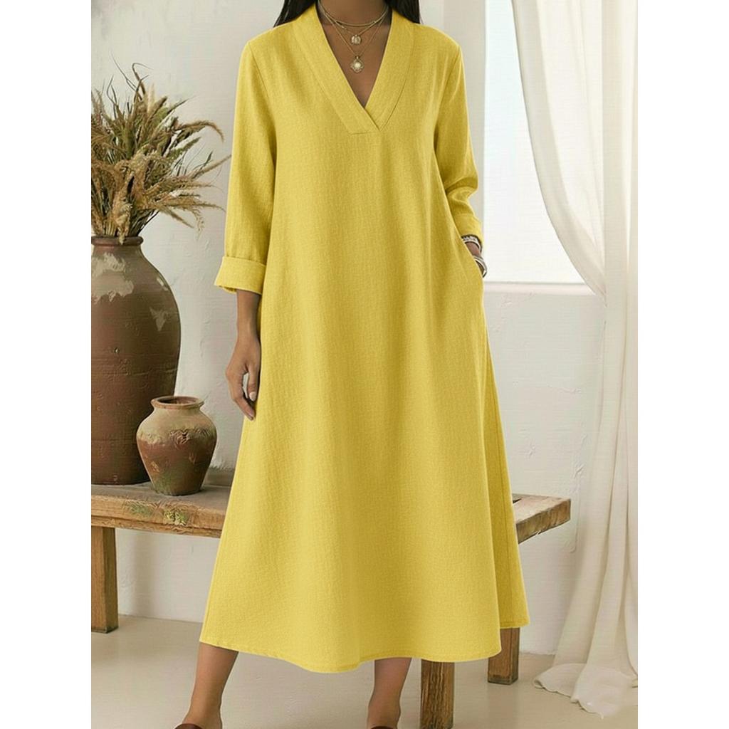 Spring New Women's Casual V-Neck Long Sleeve Cotton Linen A-Line Loose Long Midi Dress for European and American