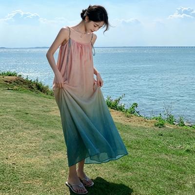 Summer Gradual Change of Color Suspender Dress Women's Seaside Vacation Wind Loose and Thin Big Swing Long Beach Dress Tide