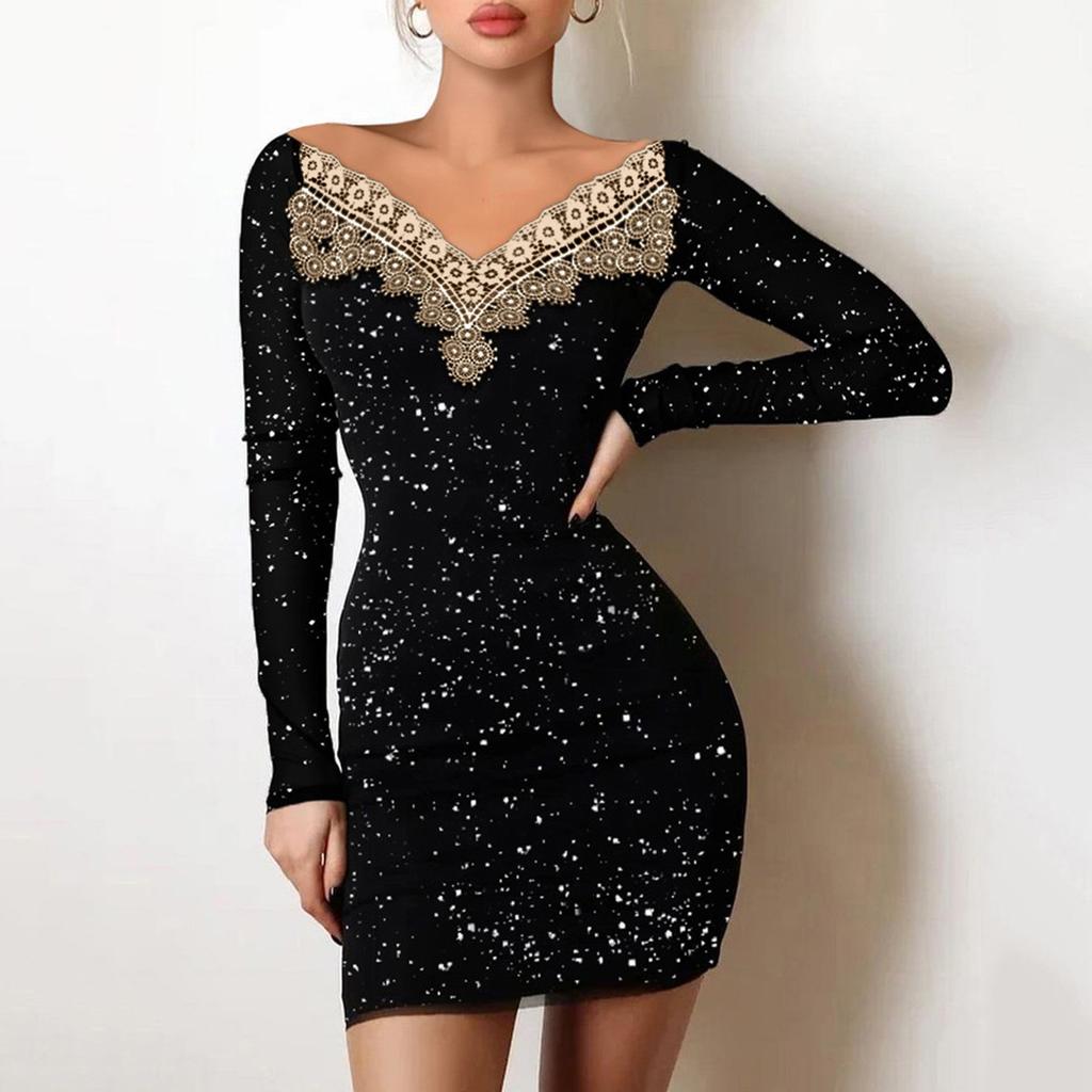 Women's Fashion Spring Fall Solid Color Print Long Sleeve V-Neck High Waist Casual Dresses