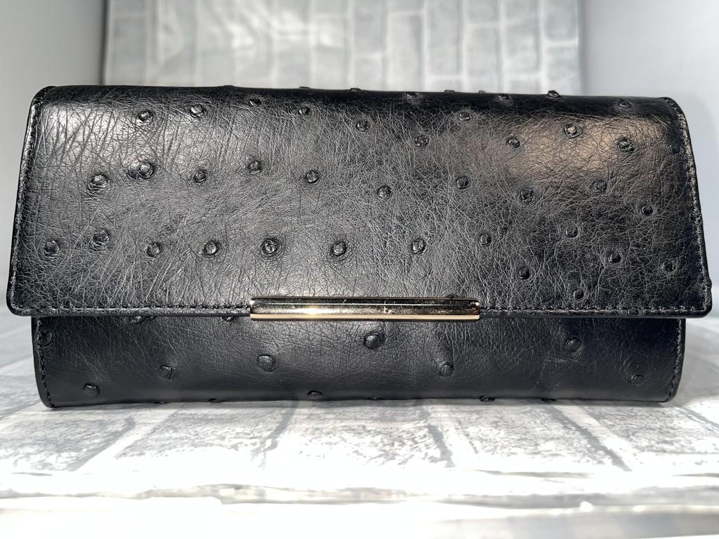 GUODI Long Wallet with Flap, Genuine Ostrich Leather with Card Holder, TK-RP30LW2, Unisex (Black)