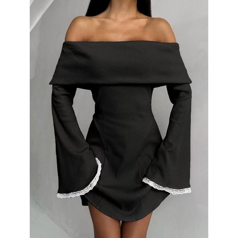

French Style off Shoulder Sexy Flare Sleeve Knitted Lace Dress Sexy off Shoulder Dress Black S
