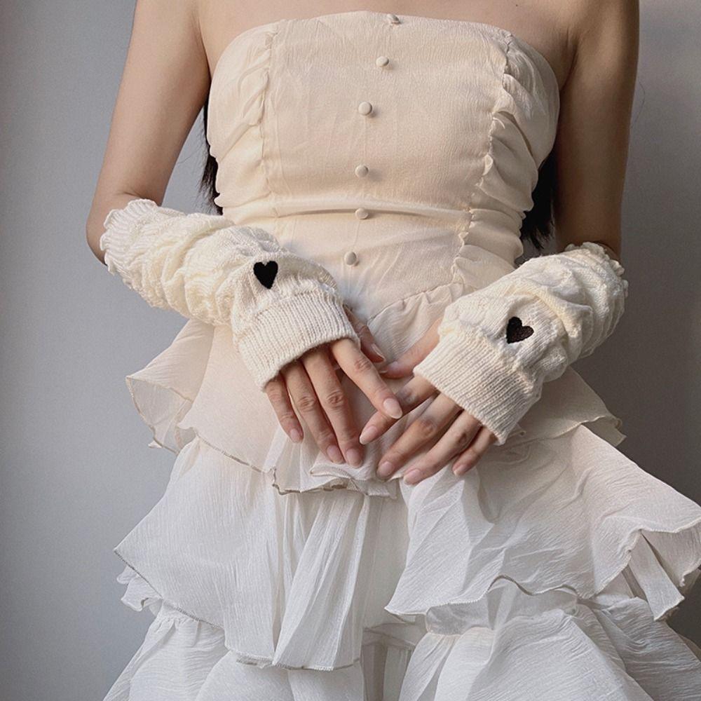 1 Pair Embroidery Love Knitted Arm Warmers Long Sleeve Fingerless Gloves Harajuku Girls Fashion Y2K Sweet Accessories Mittens