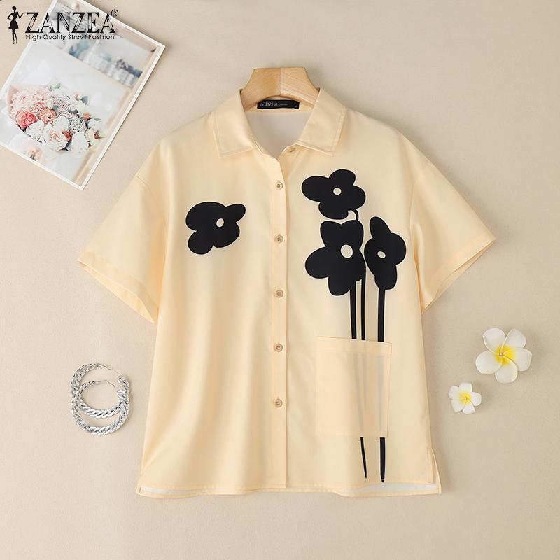 ZANZEA Women Turn Down Collar Floral Print Loose Short Sleeve Blouse