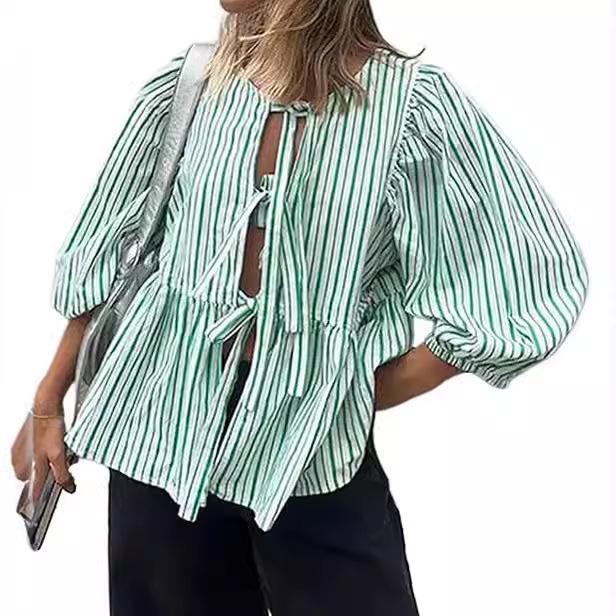 2024 Sweet Casual Puff Sleeve Tie-Up Shirt
