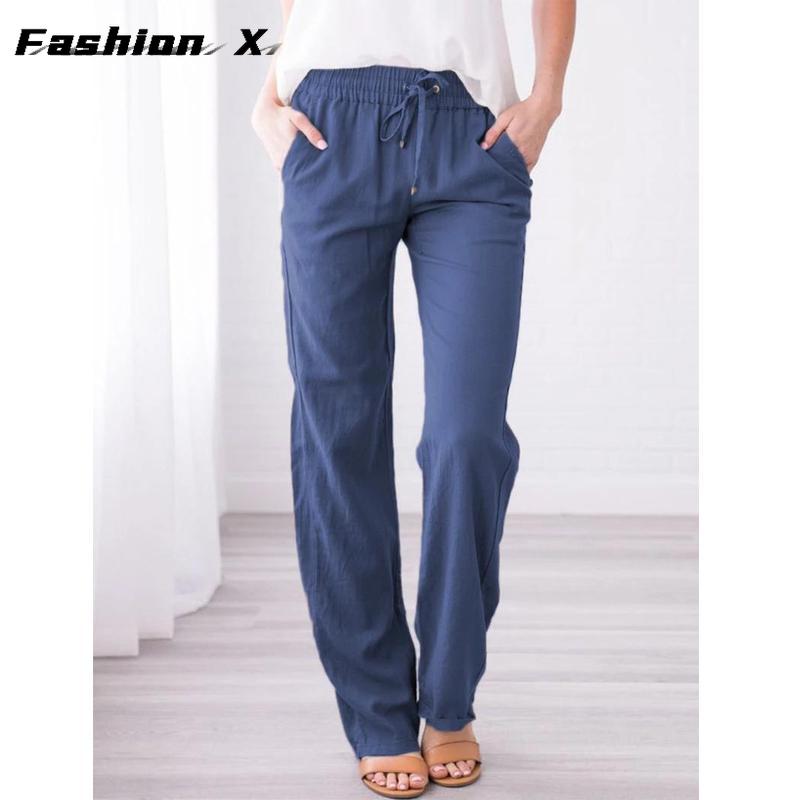 Pantaloni da donna larghi a gamba larga tinta unita cotone lino coulisse pantaloni casual