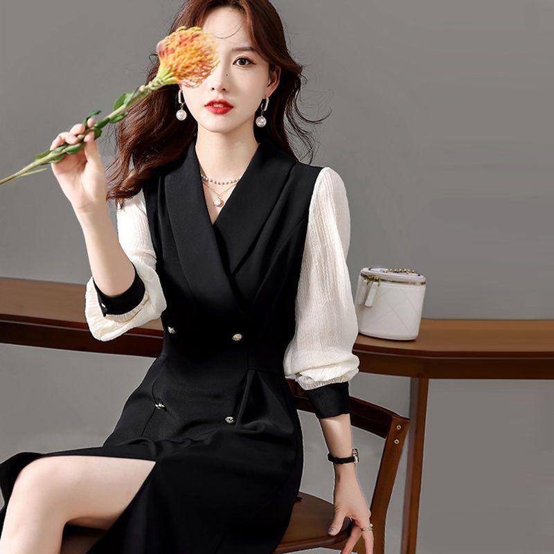 New Autumn Waist-hugging Lace-up Suit Dress To Make You Look Slim and Long-sleeved A-line Skirt for Women