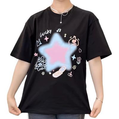 Summer Harajuku Goth Kawaii Clothes Casual Loose Short Sleeve Crewneck Cartoon Shining Star Print T-Shirt