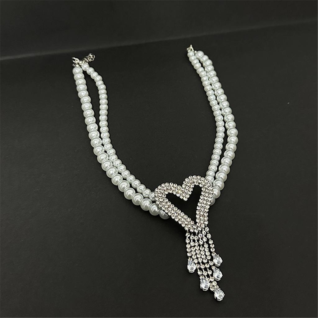 Fashion Light Luxury High Tooxika Sense Of Double Pearl Flash Diamond Love Tassel Necklace Necklace Collar Chain Collarbone Chain