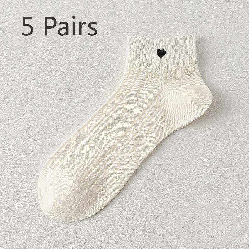 

5 Pairs Spring and Summer Socks Ladies Do Not Fall Off The Heel Sweet Love Embroidery Thin Mesh Breathable Boneless Low Short Cotton Socks One size молочный белый