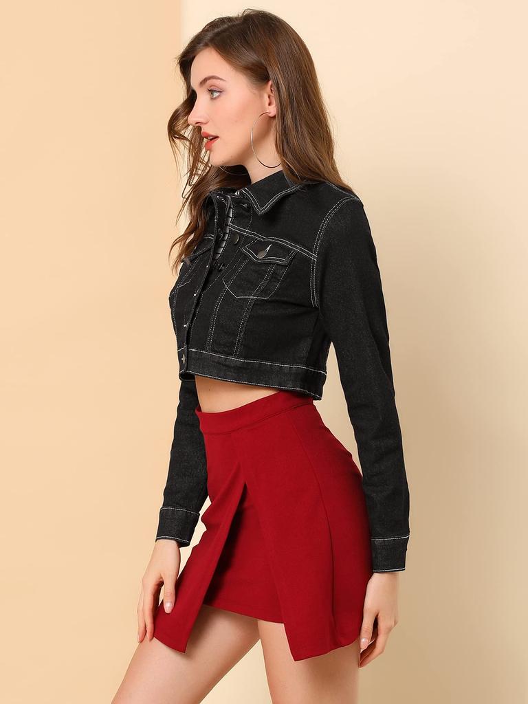 Allegra K Women's Classic Button-Down Denim Jacket, Black, Size M