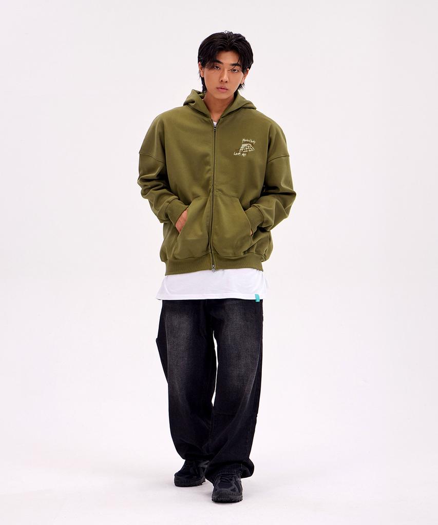 Astral Projection Graffiti Oversized Wide Shoulder Zip-Up Hoodie_Green Brown