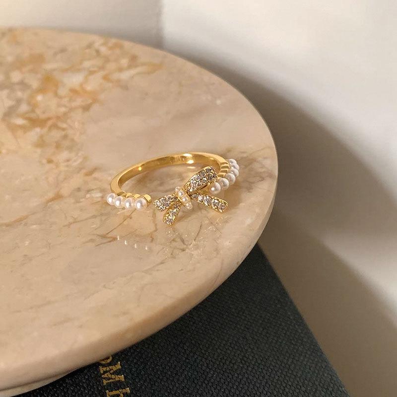 Exquisite French Zirconia Bow Pearl Open Ring - Stylish, High-End Design