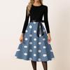 Women Vintage Polka Dot Print Long Sleeve Crew Neck Casual Dress with Ribbon Waistband and Flared A Line Skirt