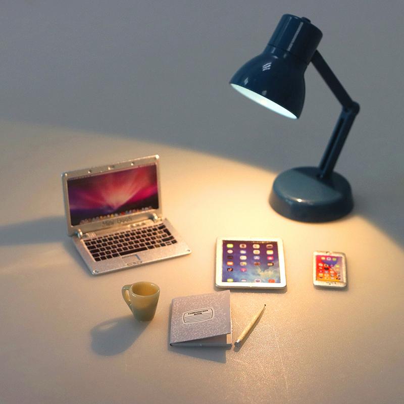 1:12 Dollhouse Miniature Laptop Phone Tablet Desk Lamp Book Desk Set Decor Toy