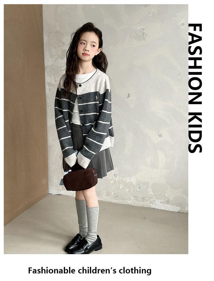 2025 Girls' Striped Knit Cardigan Sweater - Trendy Spring & Autumn Fashion for Big Children