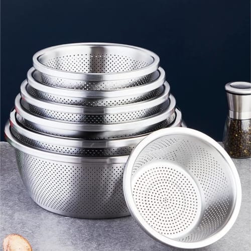 Stainless steel colander bowl, rice washing bowl, rice drainer, rice strainer, all-purpose bowl, tabletop colander set, non-clogging perforated coland