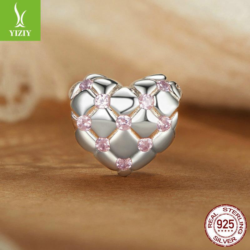 Pink Rhombus Love S925 Sterling Silver Bracelet Beaded, Romantic Girl Heart Diy Beads Loose Beads