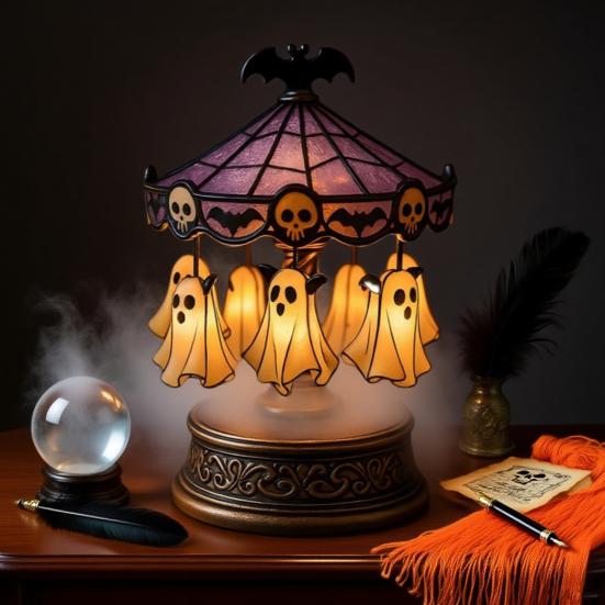 Duchový kolotočové světlo Vitrážový kolotoč Noční světlo s plovoucím duchem Halloweenská stolní lampa na čtení do ložnice krbová římsa stolní dekorace