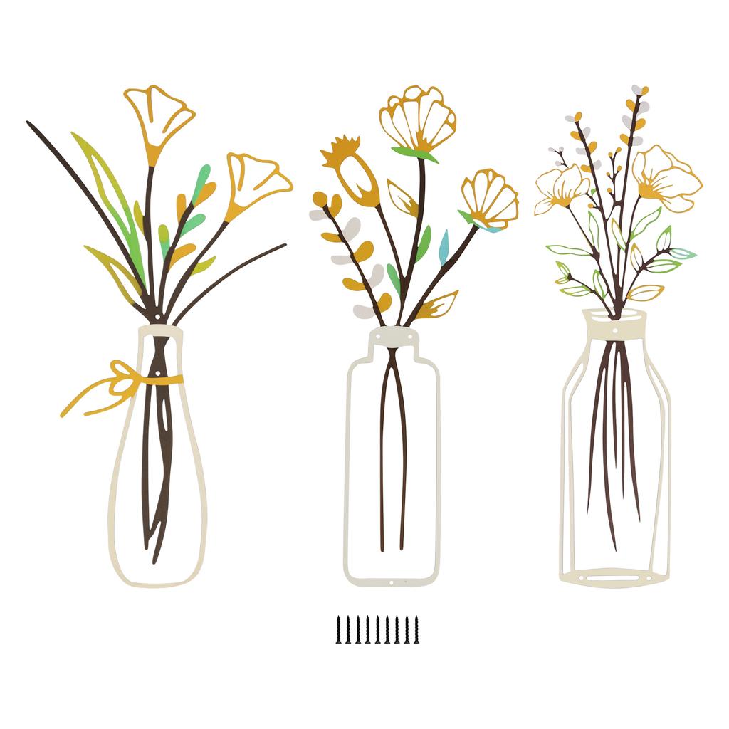 3 Pcs Metal Flowers Wall Decor Flower Wall Art Decorative with Screws Vase Hanging Decoration for Living Room Bedroom Home Decor