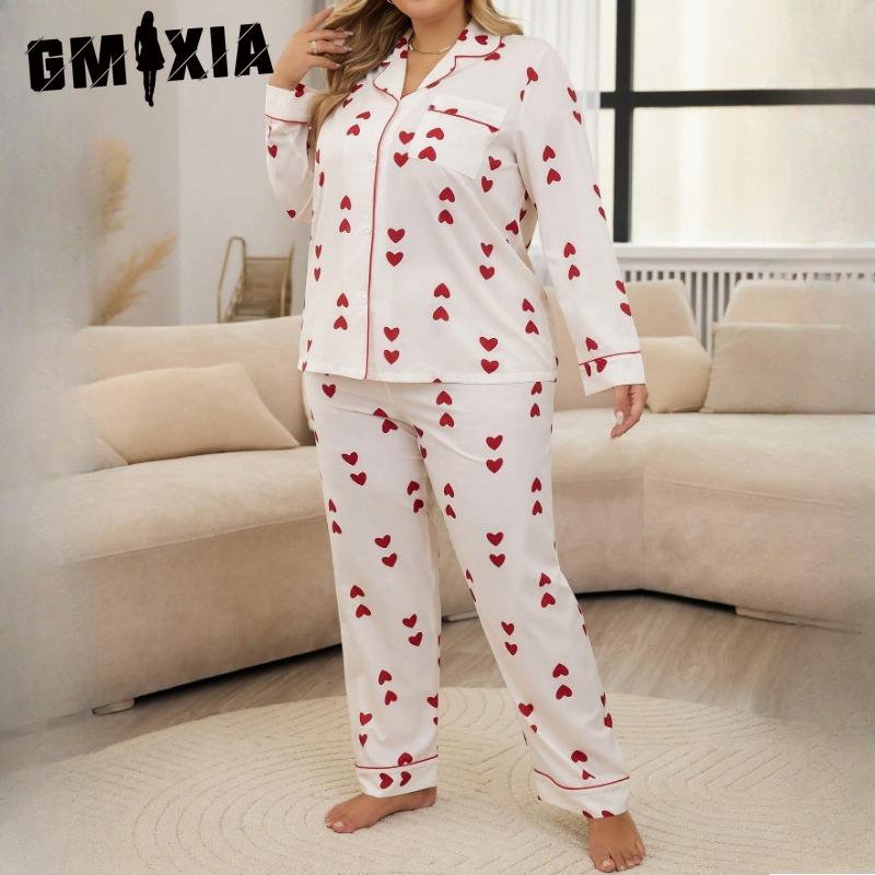 GMXIA Pajamas Women's Cardigan Long-sleeved Trousers Homewear Plus Size Two-piece Set